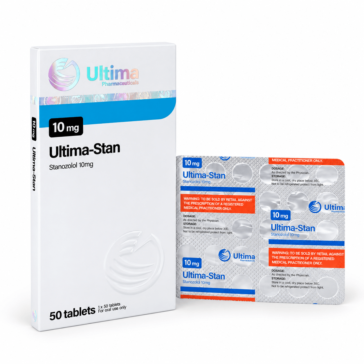 Ultima-Stan (Winstrol) by Ultima Pharmaceuticals 10mg pills and package on white background
