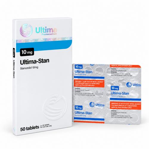 Ultima-Stan (Winstrol) by Ultima Pharmaceuticals 10mg pills and package on white background