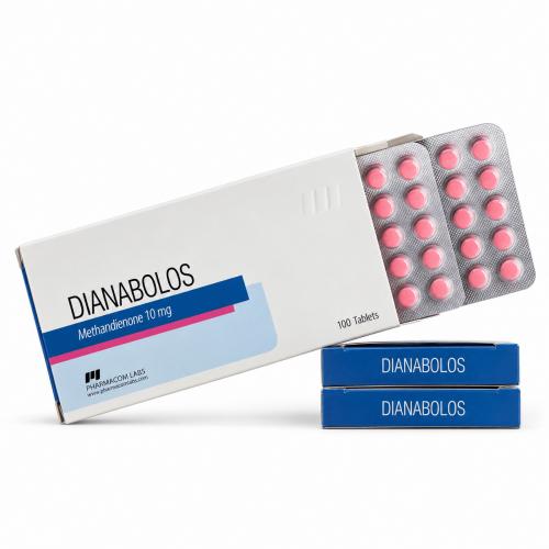 Dianabol 10 mg tabs packages by Pharmacom Labs on white background