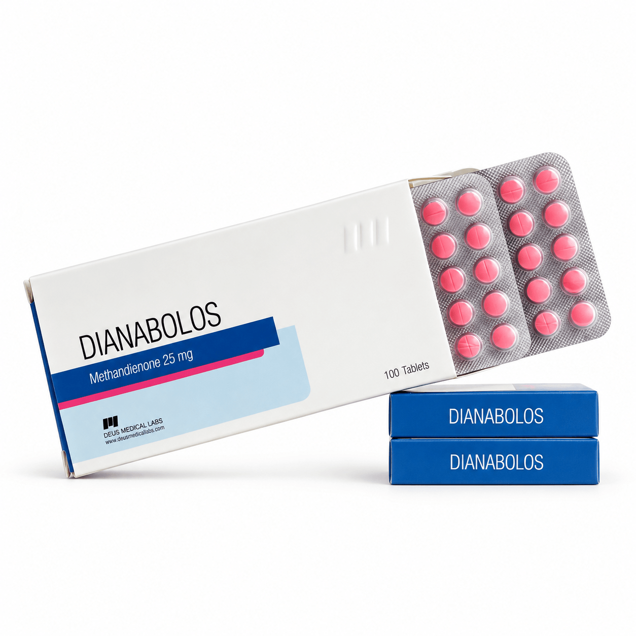 Dianabol (Methandienone) 25 mg tabs and packages by Pharmacom Labs on white background