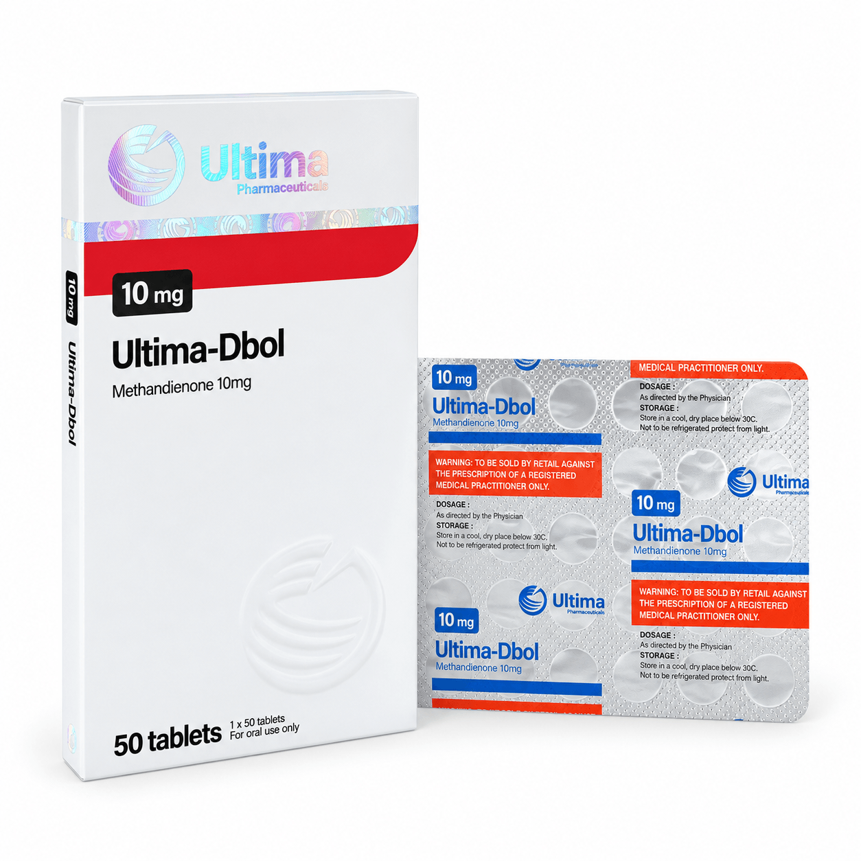 Ultima-Dbol (Methandienone) by Ultima Pharmaceuticals 10mg blister and package on white background