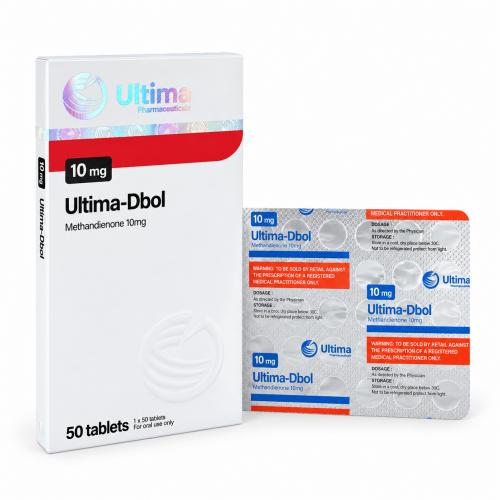 Ultima-Dbol (Methandienone) by Ultima Pharmaceuticals 10mg blister and package on white background