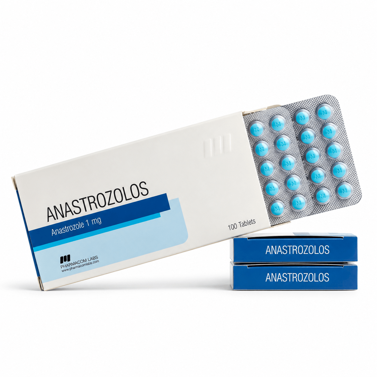 Anastrazolos 1mg package by Pharmacom Labs on white background