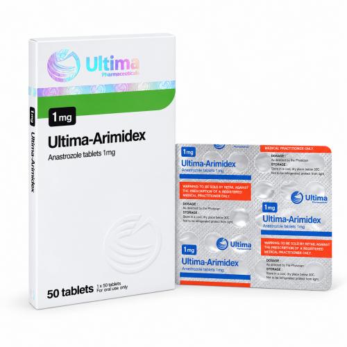 Ultima-Anastro 1mg by Ultima Pharmaceuticals package and blister on white background