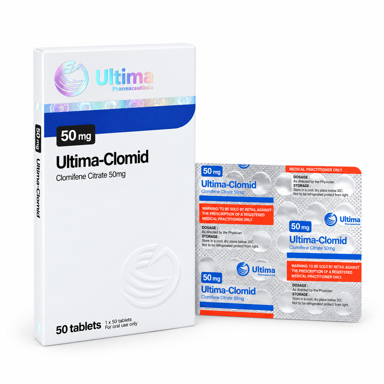 Ultima-Clomid (Clomiphene Citrate) by Ultima Pharmaceuticals. Blister and package on white background
