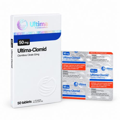 Ultima-Clomid (Clomiphene Citrate) by Ultima Pharmaceuticals. Blister and package on white background
