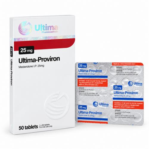 Ultima-Proviron (Mesterolone) by Ultima Pharmaceuticals 25mg pills. Blister and package on white background