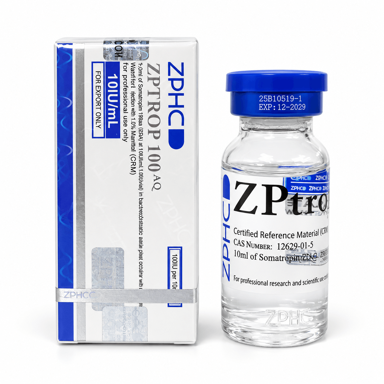 ZPHC ZPTROP 100 AQ somatropin product box and vial with blue cap on a white background.