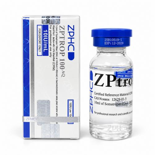 ZPHC ZPTROP 100 AQ somatropin product box and vial with blue cap on a white background.