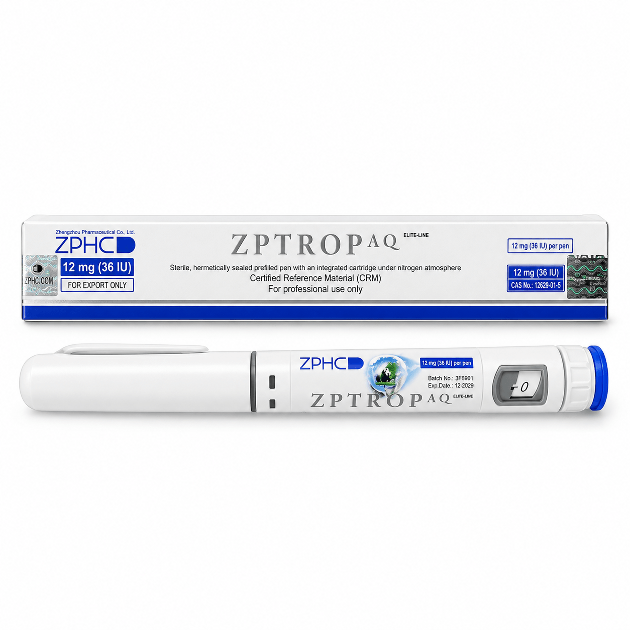 ZPHC ZPTROP AQ 12 mg (36 IU) prefilled injection pen with original packaging on a white background.