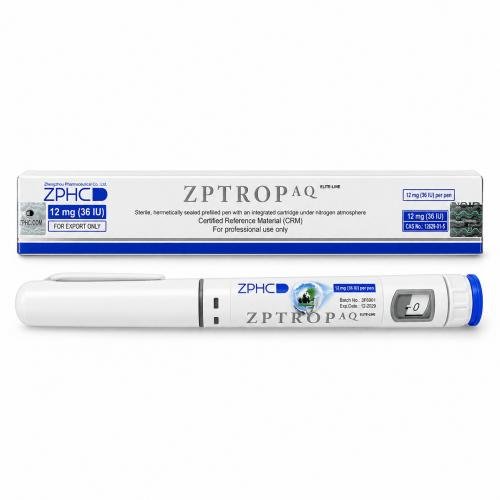 ZPHC ZPTROP AQ 12 mg (36 IU) prefilled injection pen with original packaging on a white background.