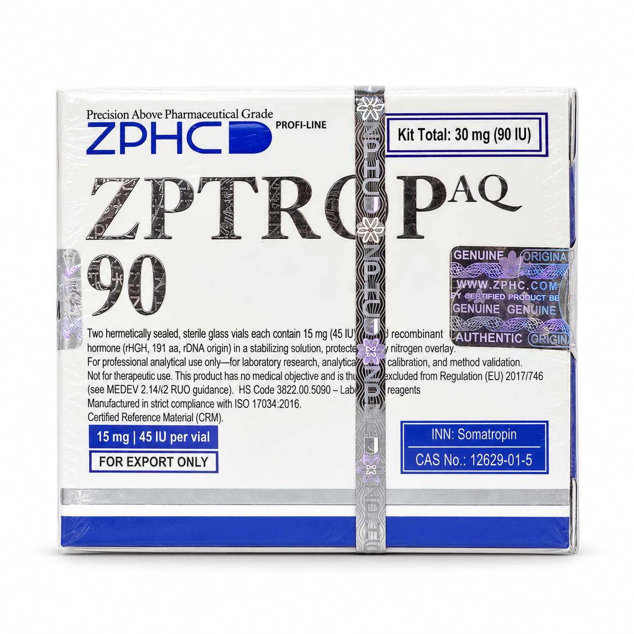 ZPHC ZPTROP AQ 90 IU Somatropin product box on a white background, front view.
