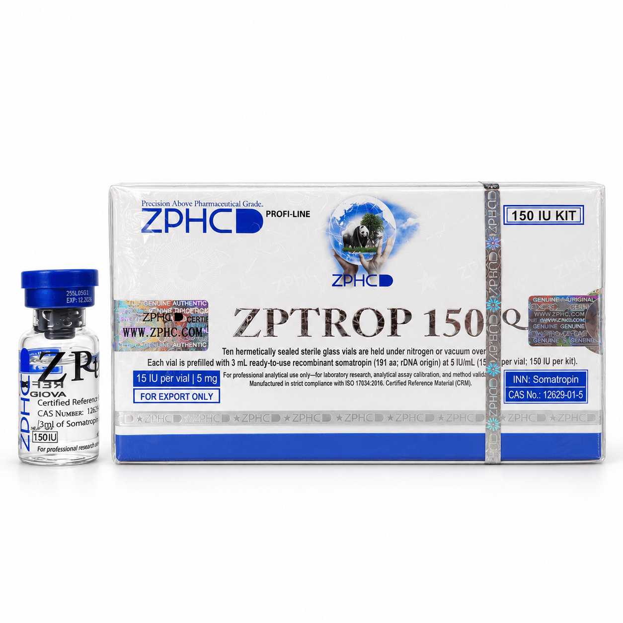 ZPHC ZPTROP 150 IU Somatropin kit box with vial on a white background, front view.