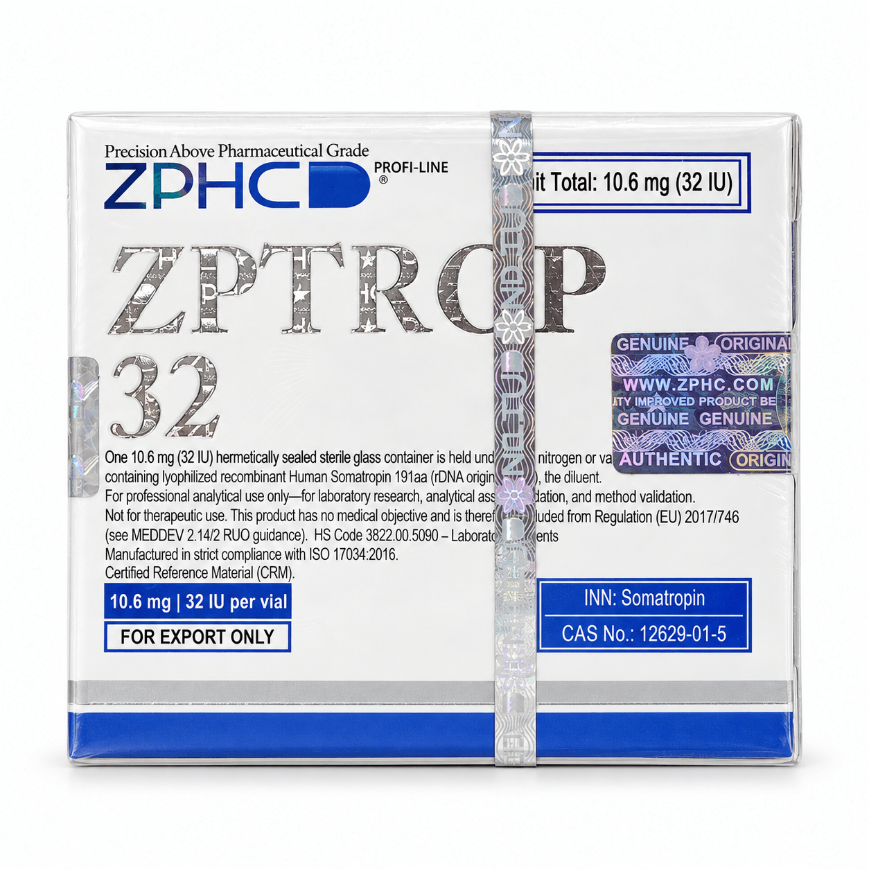 ZPHC ZPTROP 32 IU Somatropin product box with holographic security seal on a white background, front view.