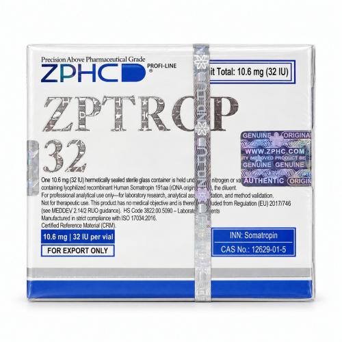 ZPHC ZPTROP 32 IU Somatropin product box with holographic security seal on a white background, front view.