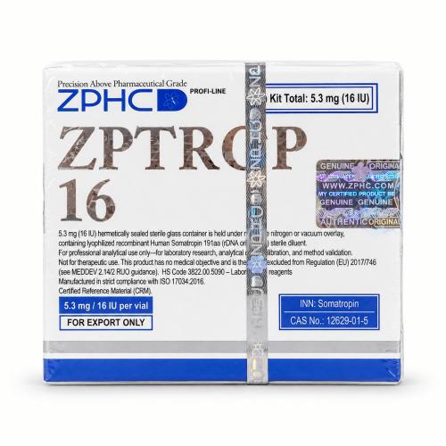 ZPHC ZPTROP 16 IU Somatropin product box with holographic security seal on a white background, front view.