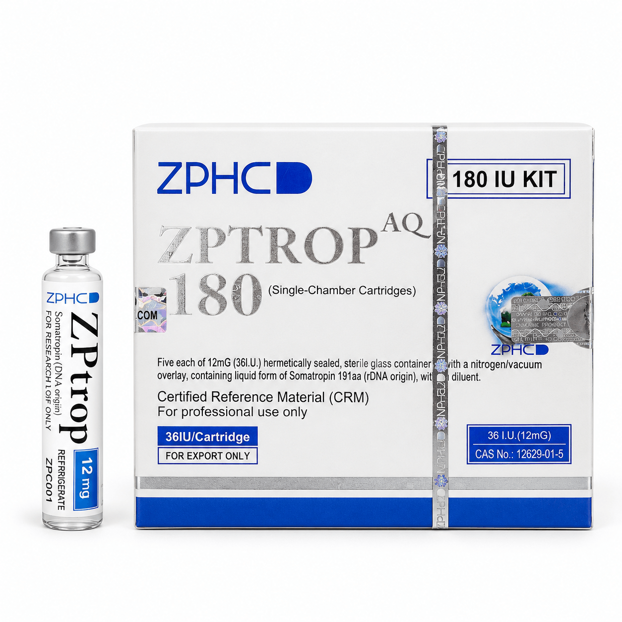 ZPHC ZPTROP AQ 180 IU kit with a 12 mg somatropin cartridge vial and white-and-blue product packaging on a white background.