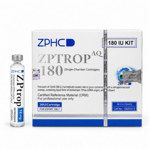 ZPHC ZPTROP AQ 180 IU kit with a 12 mg somatropin cartridge vial and white-and-blue product packaging on a white background.