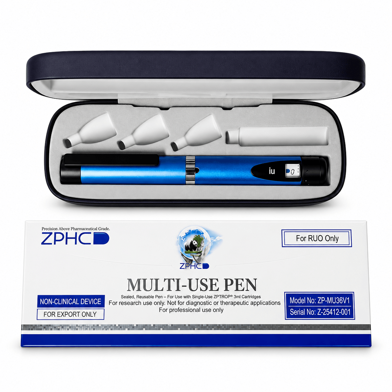 ZPHC multi-use pen kit with an open blue injection pen case, three white pen caps, and branded white-and-blue packaging displayed on a white background.