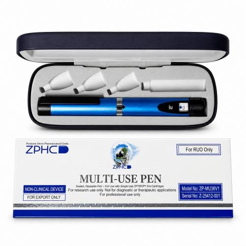 ZPHC multi-use pen kit with an open blue injection pen case, three white pen caps, and branded white-and-blue packaging displayed on a white background.