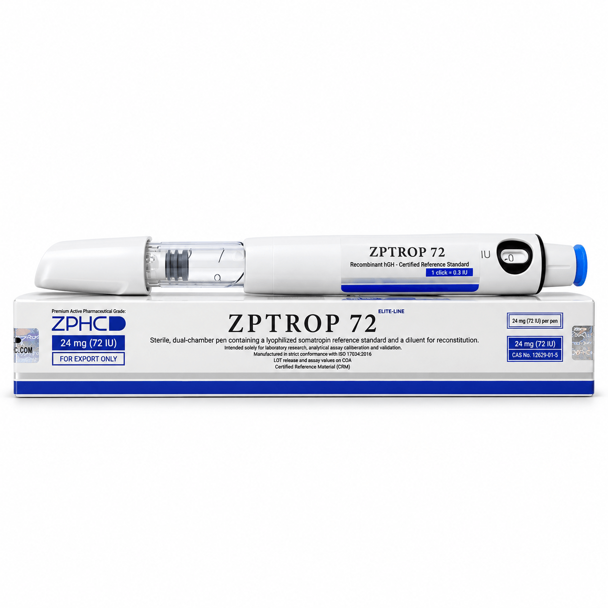 ZPHC ZPTROP 72 prefilled pen, 24 mg (72 IU), displayed on its white-and-blue product packaging against a clean white background.