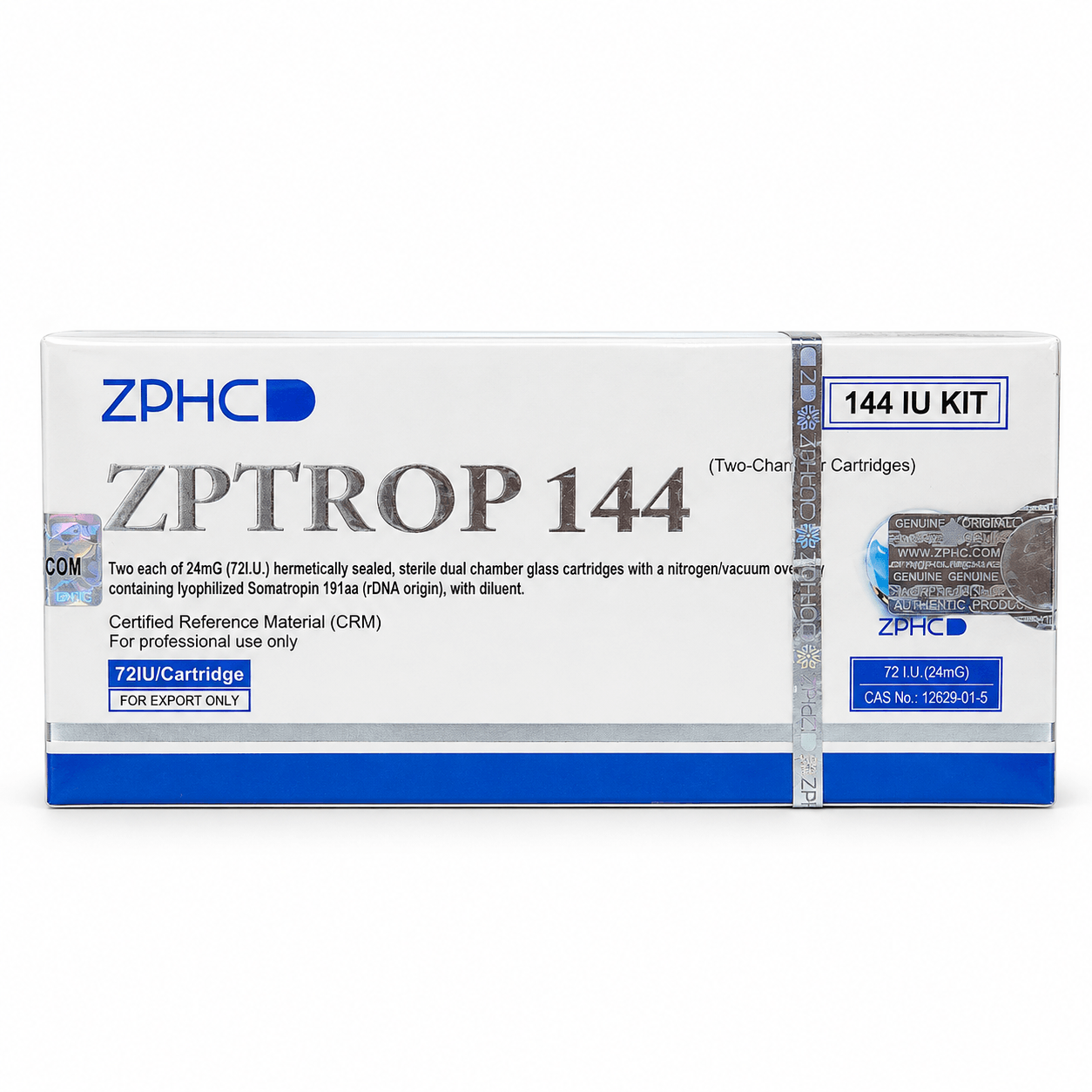 ZPHC ZPTROP 144 IU kit with white-and-blue packaging, holographic security seals, and 72 IU cartridge labeling on a clean white background.