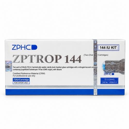 ZPHC ZPTROP 144 IU kit with white-and-blue packaging, holographic security seals, and 72 IU cartridge labeling on a clean white background.
