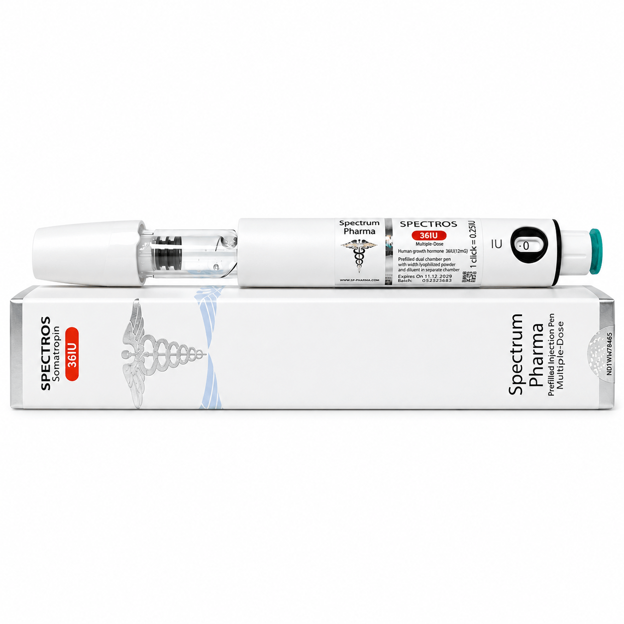 Spectrum Pharma SPECTROS 36 IU somatropin prefilled injection pen displayed on its white product box against a clean white background.