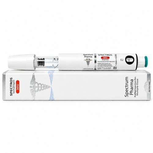 Spectrum Pharma SPECTROS 36 IU somatropin prefilled injection pen displayed on its white product box against a clean white background.