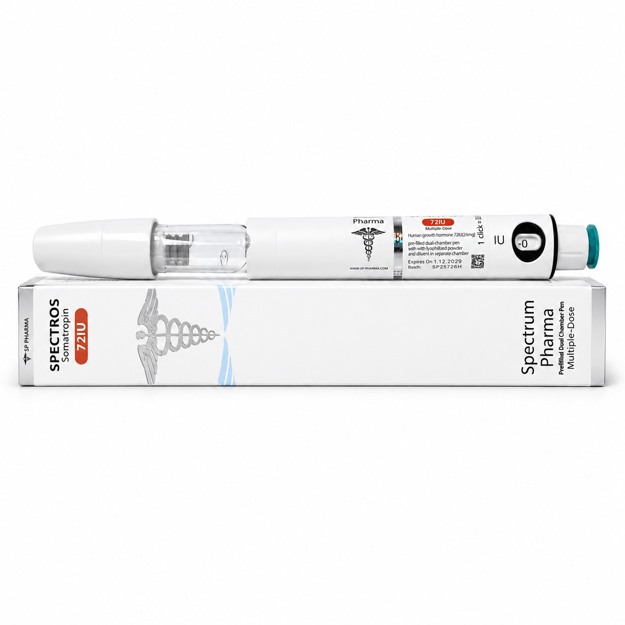 Spectrum Pharma SPECTROS 72 IU somatropin prefilled injection pen displayed on its white product box against a clean white background.