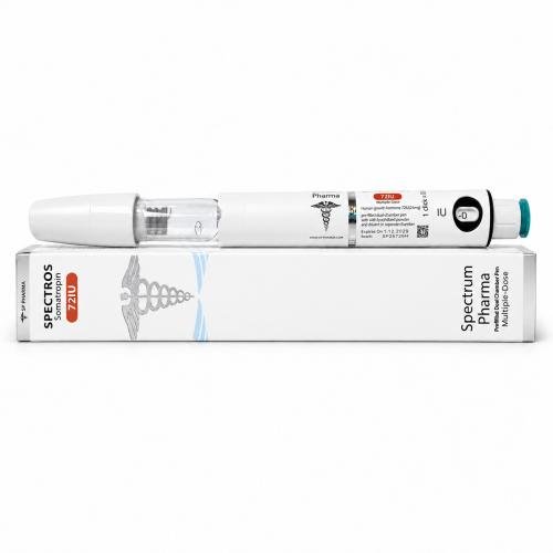 Spectrum Pharma SPECTROS 72 IU somatropin prefilled injection pen displayed on its white product box against a clean white background.