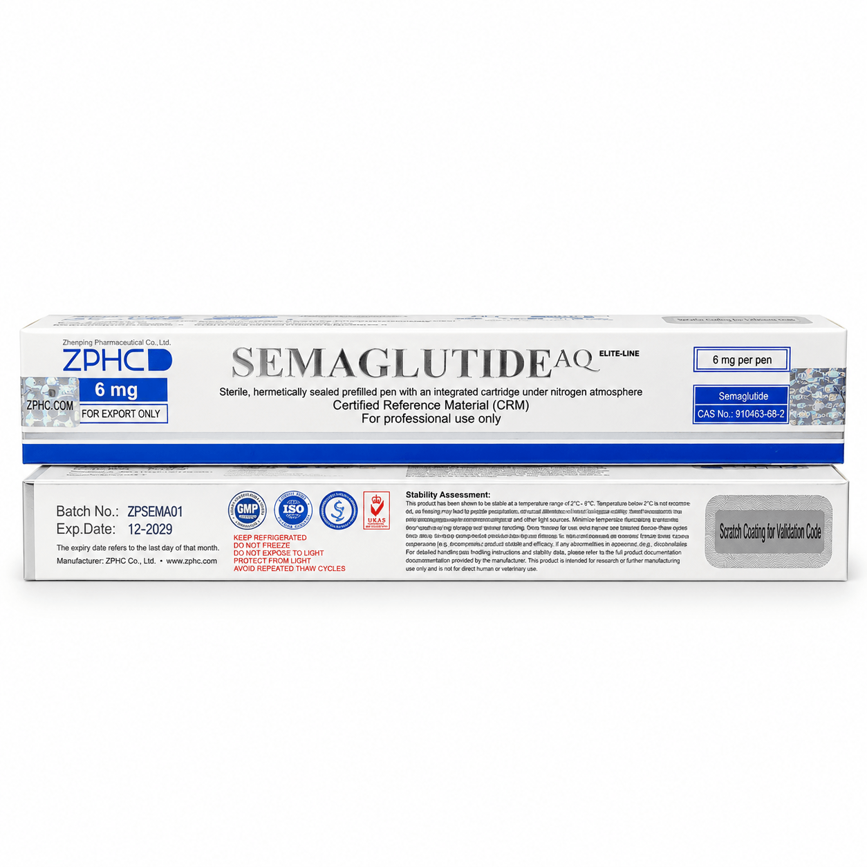 ZPHC Semaglutide AQ 6 mg product packaging shown from front and side, with certification, batch, storage, and validation information on a clean white background.