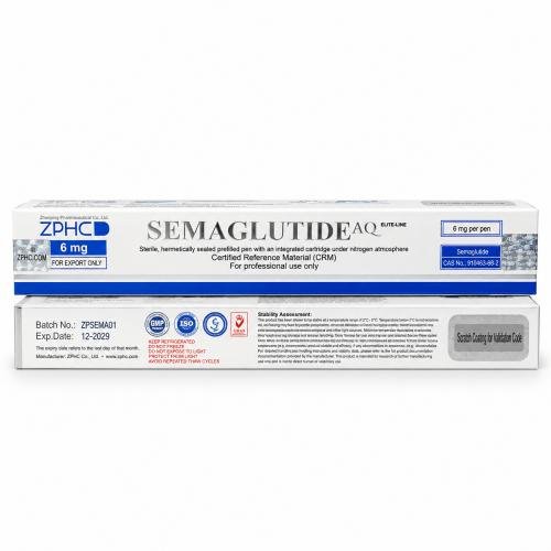 ZPHC Semaglutide AQ 6 mg product packaging shown from front and side, with certification, batch, storage, and validation information on a clean white background.