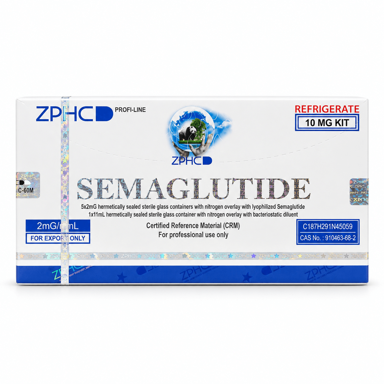 ZPHC Semaglutide 10 mg kit in white-and-blue packaging with holographic security seals and refrigeration labeling on a clean white background.