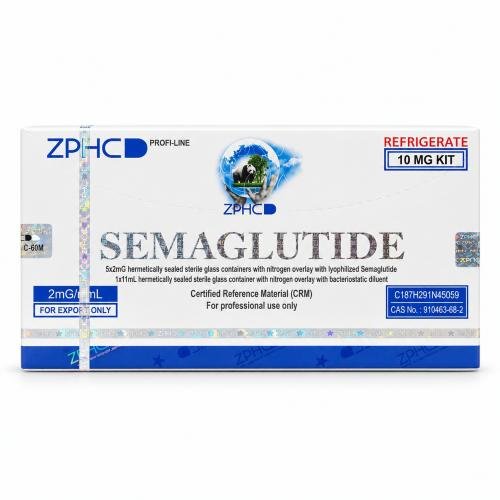 ZPHC Semaglutide 10 mg kit in white-and-blue packaging with holographic security seals and refrigeration labeling on a clean white background.