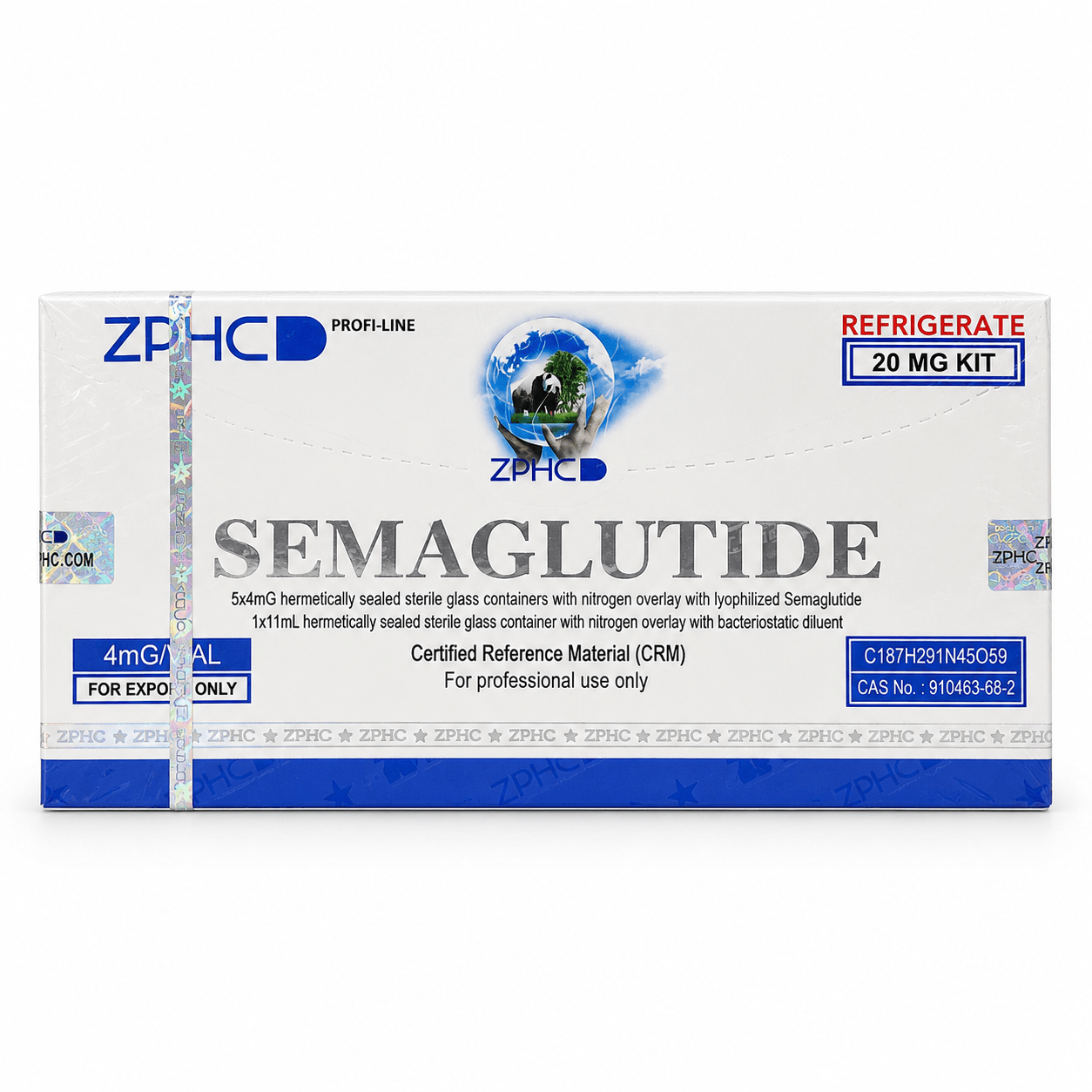 ZPHC Semaglutide 20 mg kit in white-and-blue packaging with holographic security seals, refrigeration labeling, and 4 mg per vial dosage information on a clean white background.
