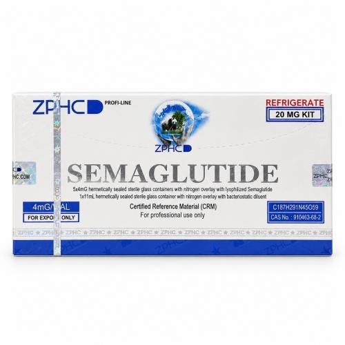 ZPHC Semaglutide 20 mg kit in white-and-blue packaging with holographic security seals, refrigeration labeling, and 4 mg per vial dosage information on a clean white background.