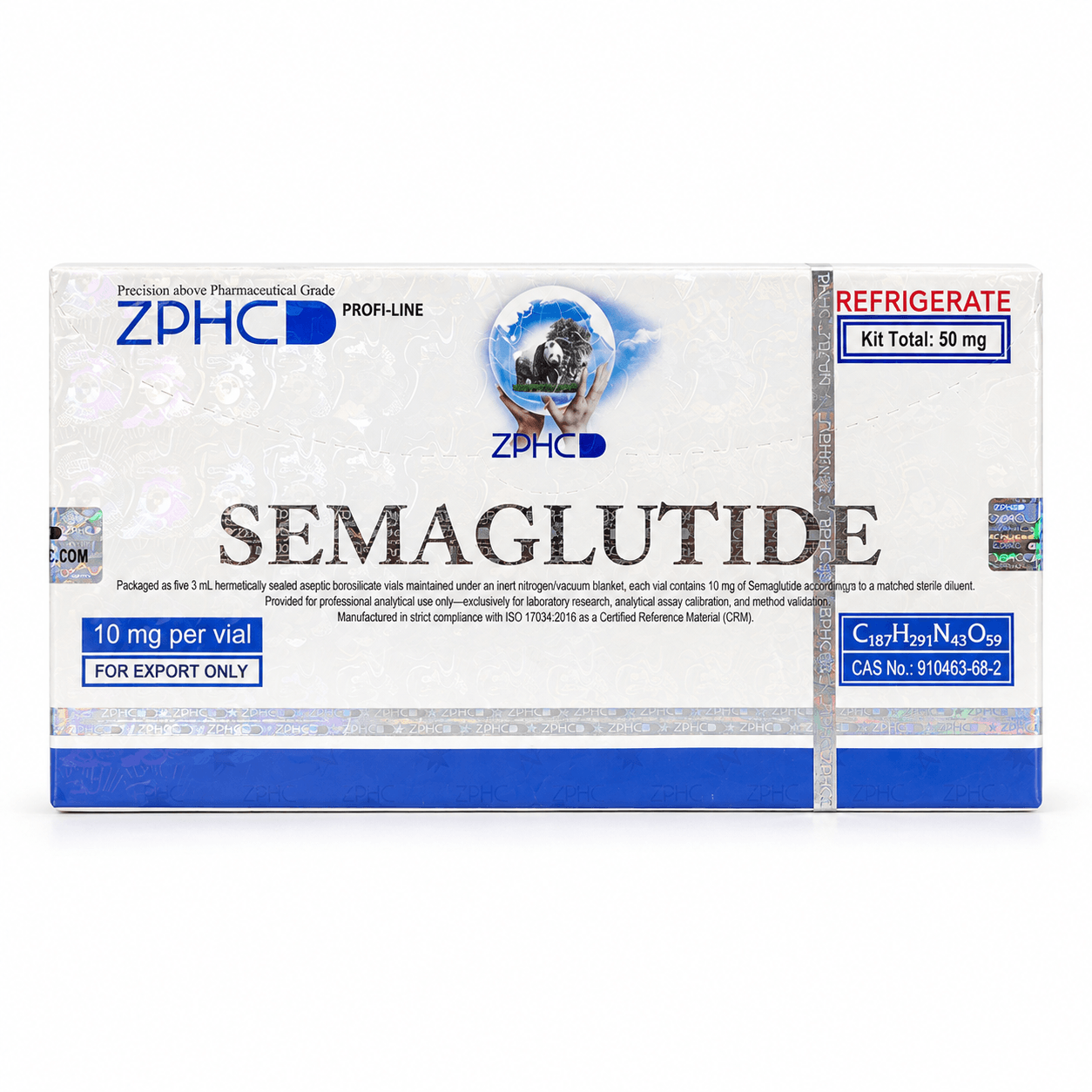 ZPHC Semaglutide 50 mg kit with 10 mg per vial packaging, holographic security seals, refrigeration label, and blue-and-white design on a clean white background.