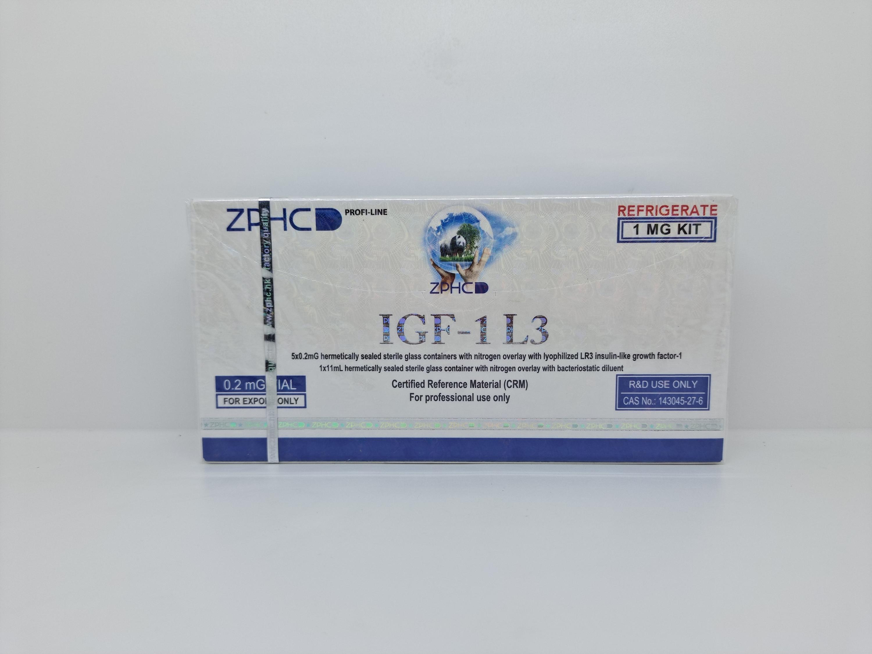 IGF-1 L3 1MG ZPHC vial with Bacteriostatic Water, representing a potent peptide hormone used for muscle growth, fat loss, and recovery.