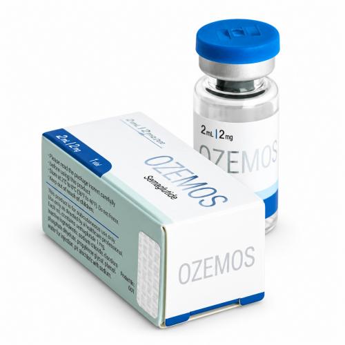 OZEMOS semaglutide 2 mg vial with matching white-and-blue product packaging displayed on a clean white background.