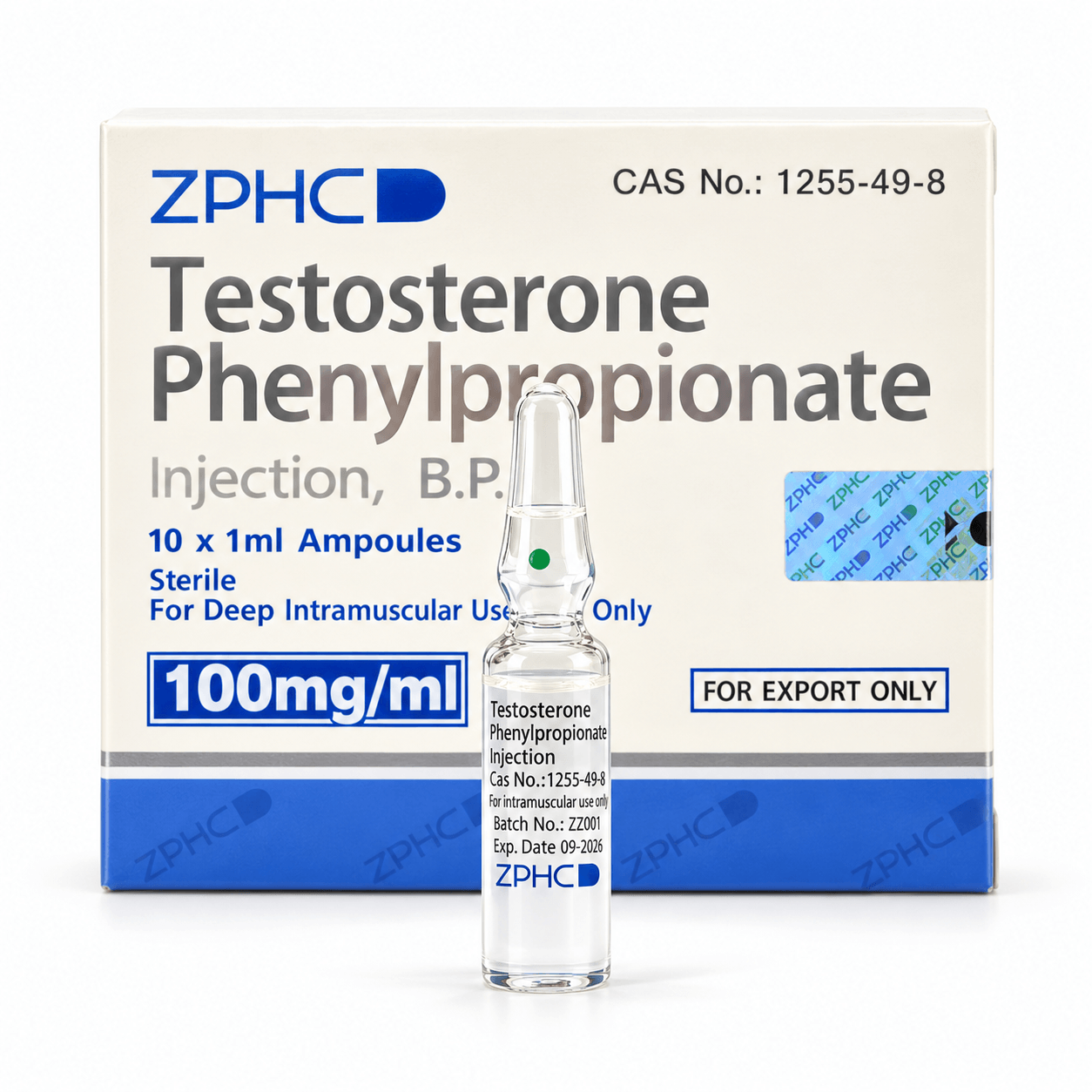 ZPHC Testosterone Phenylpropionate 100 mg/ml injection ampoule displayed in front of its white-and-blue product packaging on a clean white background.