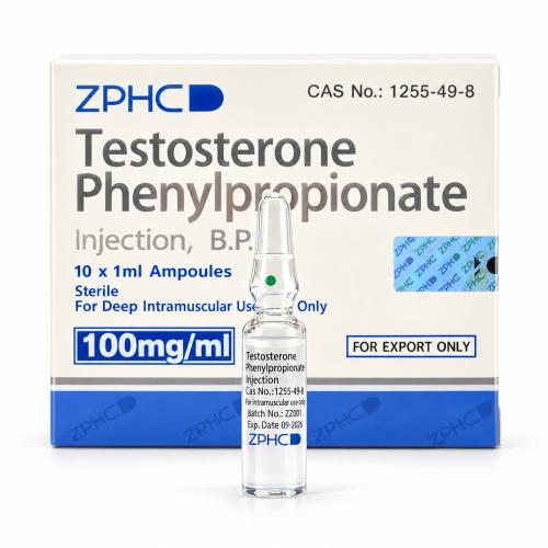 ZPHC Testosterone Phenylpropionate 100 mg/ml injection ampoule displayed in front of its white-and-blue product packaging on a clean white background.