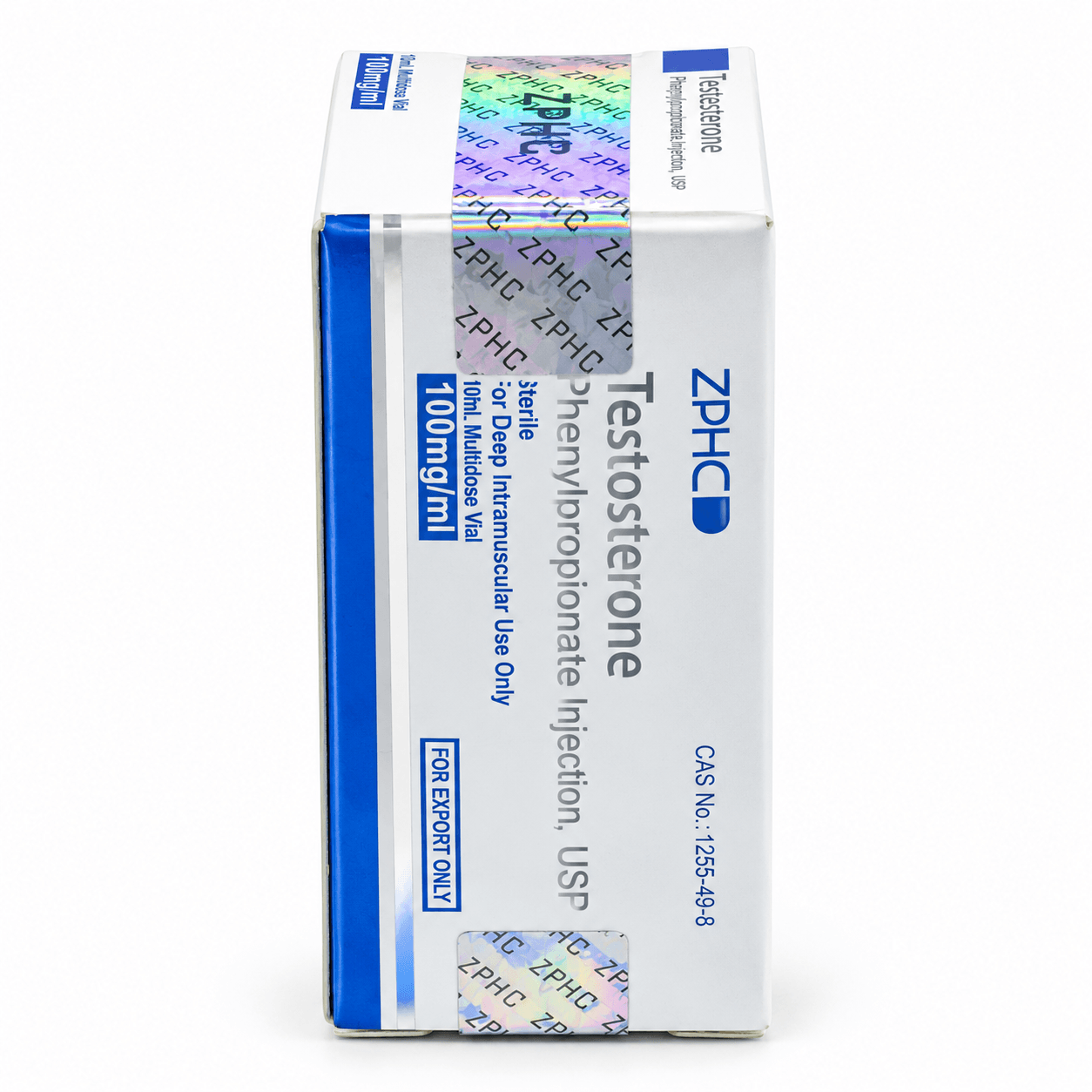 ZPHC Testosterone Phenylpropionate Injection 100 mg/ml product box with holographic security seals on a clean white background.