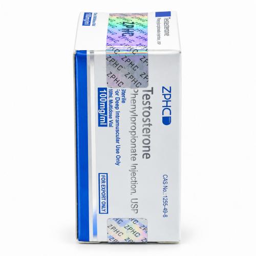 ZPHC Testosterone Phenylpropionate Injection 100 mg/ml product box with holographic security seals on a clean white background.