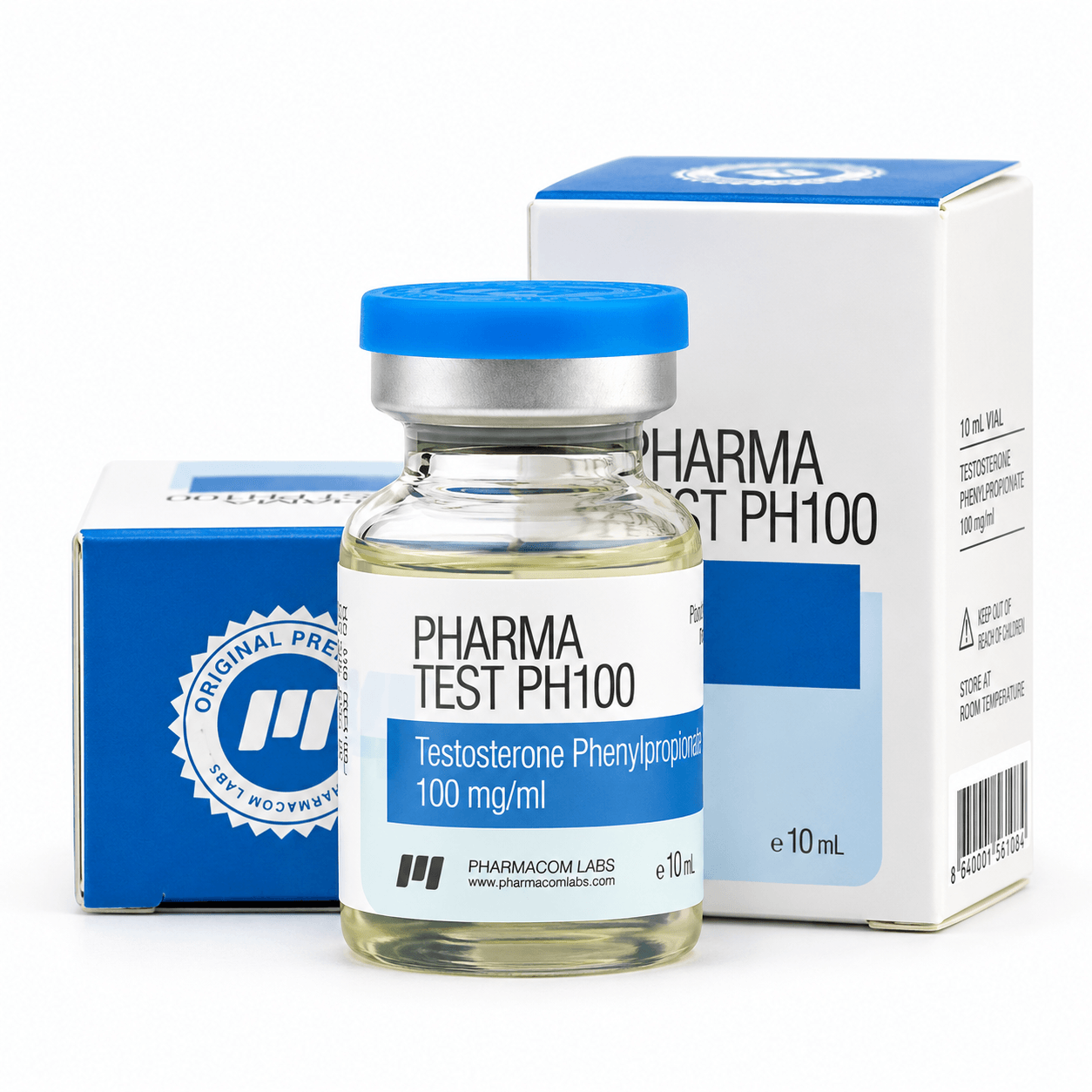 Pharmacom Labs PHARMA TEST PH100 Testosterone Phenylpropionate 100 mg/ml vial with matching blue-and-white product packaging on a clean white background.