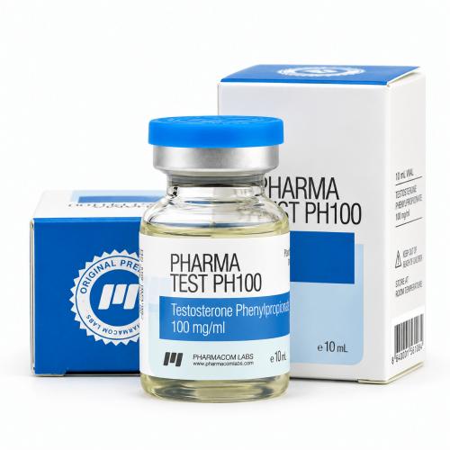 Pharmacom Labs PHARMA TEST PH100 Testosterone Phenylpropionate 100 mg/ml vial with matching blue-and-white product packaging on a clean white background.