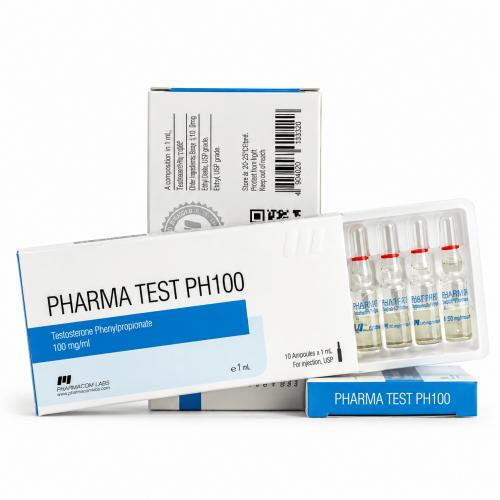 Pharmacom Labs PHARMA TEST PH100 Testosterone Phenylpropionate 100 mg/ml ampoules with matching white-and-blue product packaging on a clean white background.
