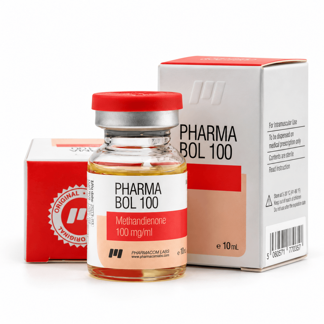 Pharma Bol 100 Methandienone 100 mg/ml injectable vial with red cap and branded packaging on a white background.