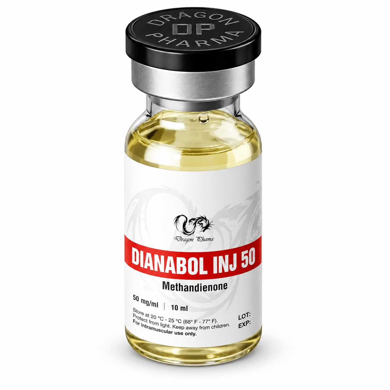 Dragon Pharma Dianabol Inj 50 Methandienone 50 mg/ml injectable vial, 10 ml, isolated on a white background.