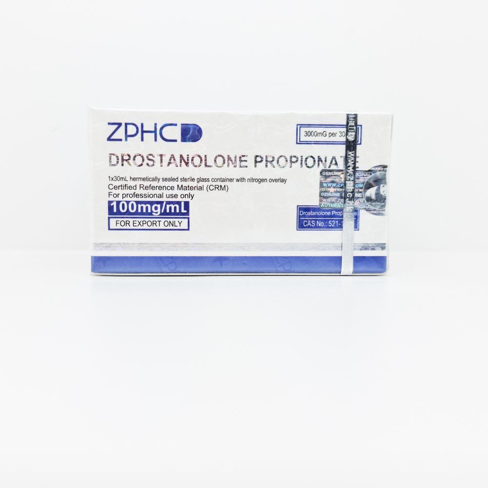 Drostanolone Propionate 100mg/ml 30ml ZPHC vial, representing a powerful anabolic steroid used for muscle hardening, strength enhancement, and cutting cycles.